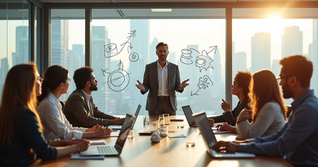 Líder guiando a un equipo diverso en una reunión en oficina moderna luminosa 