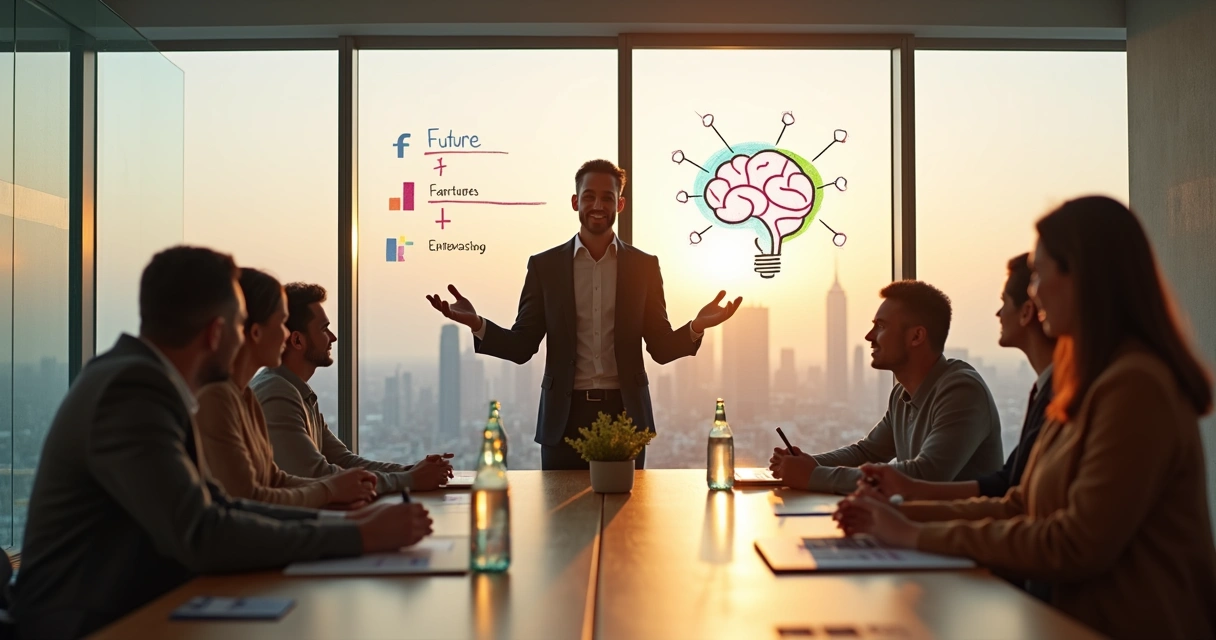 Líder guiando a un equipo diverso en una sala de reuniones luminosa 