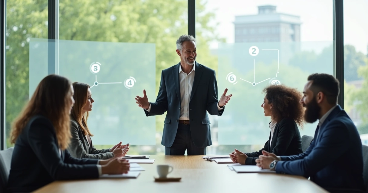Líder facilitando conversación consciente con su equipo en una sala de reuniones moderna 