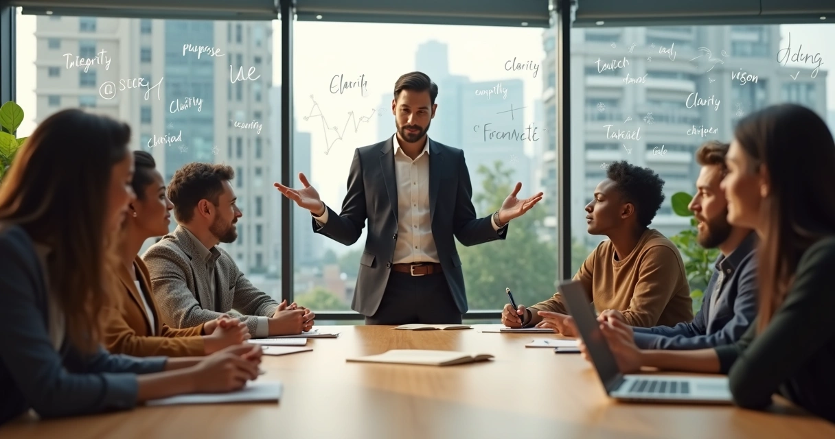 Líder guiando a un equipo diverso en una reunión luminosa 