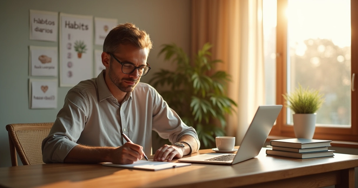 Persona reflexionando frente a una ventana con luz suave y cuaderno de hábitos en la mano 