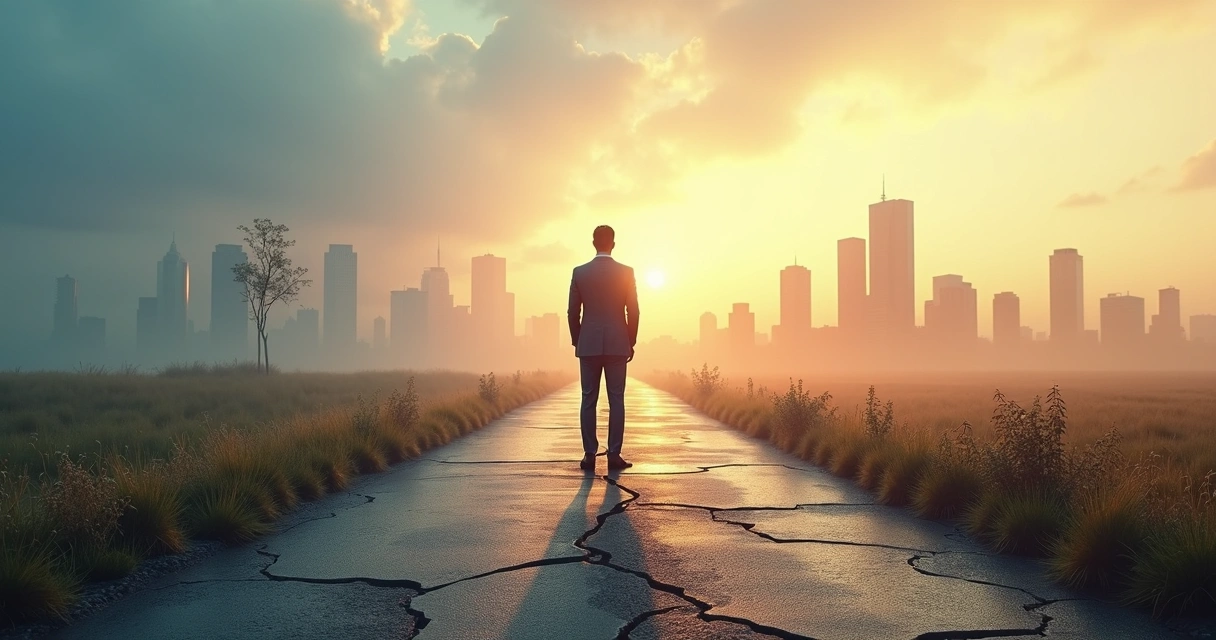 Líder frente a cruce de caminos dividido entre caos y claridad 