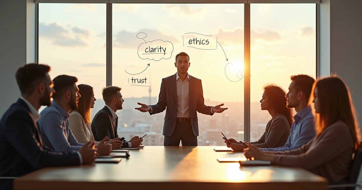 Líder consciente de pie frente a equipo diverso en sala luminosa 