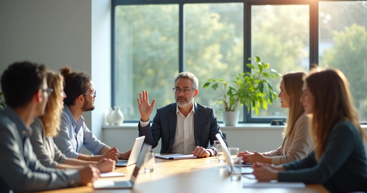 Líder sereno establece límites saludables con su equipo en una reunión tranquila 