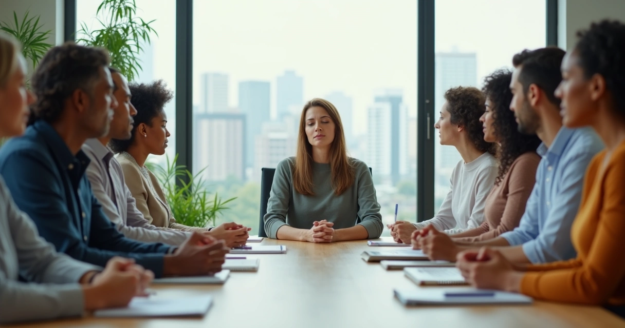 Líder sentado en meditación guiando a su equipo en una sala de reuniones luminosa 