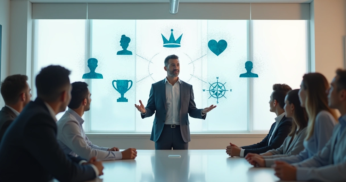 Líder frente a un grupo reflexionando ante iconos de mitos desvaneciéndose 