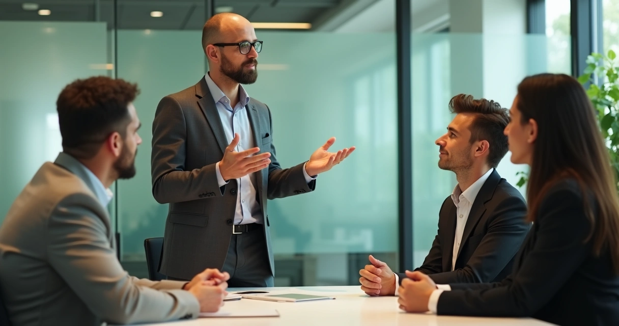 Persona liderando conversación serena en oficina con equipo atento