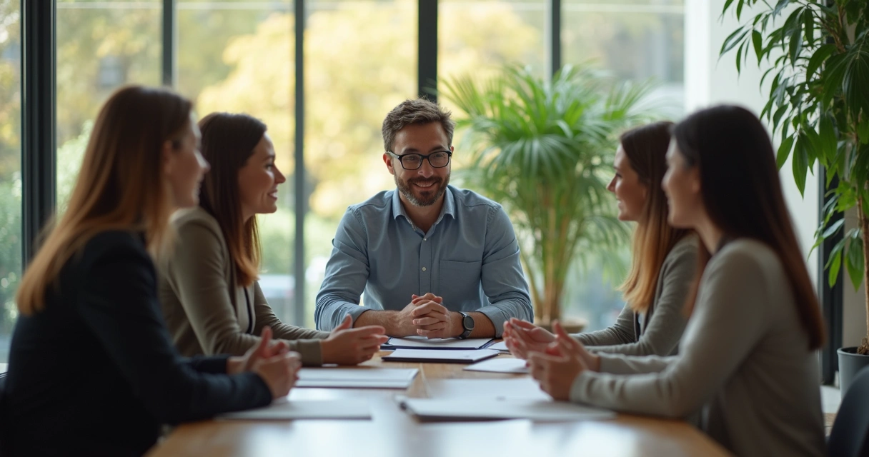 Liderazgo consciente conversando con equipo en oficina moderna 