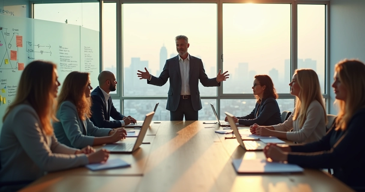 Líder guiando reunión diversa en oficina luminosa con ambiente colaborativo 