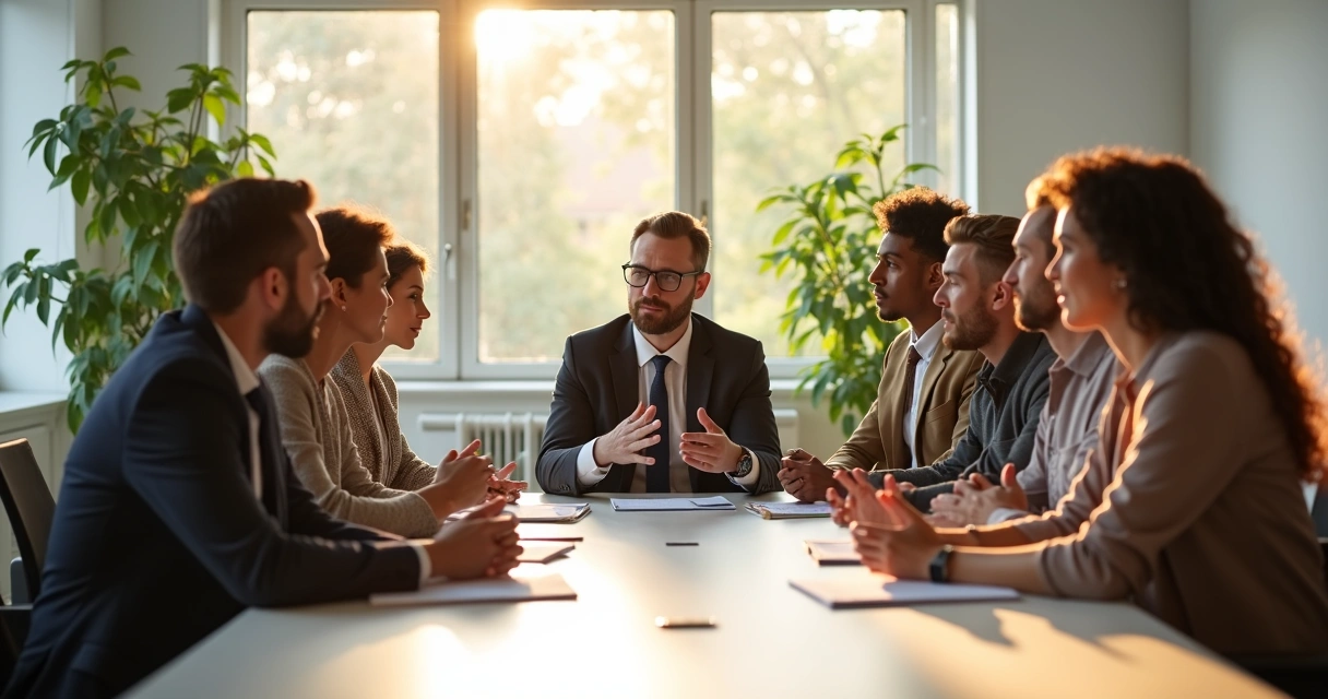 Líder reunido con equipo en sala luminosa 