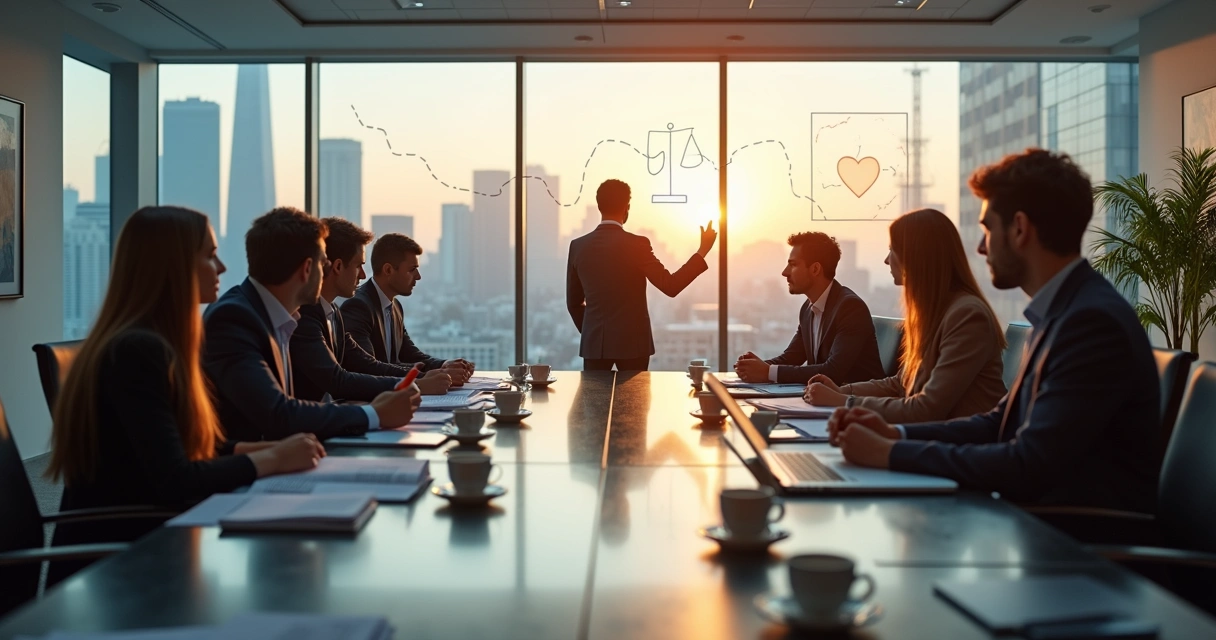 Líder rodeado de equipo en sala de reuniones mitad caótica mitad armoniosa 