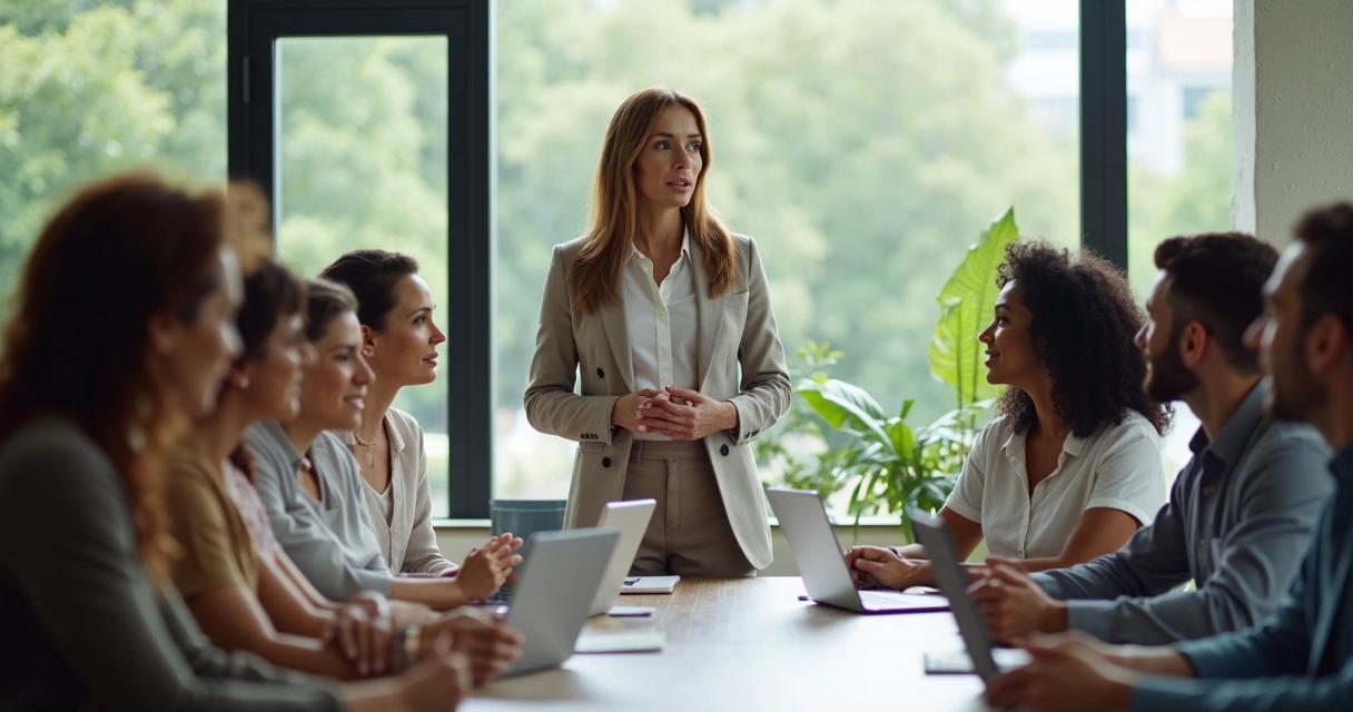 Grupo multinacional en una sala de reuniones escuchando a una líder hablar de conciencia y valoración 