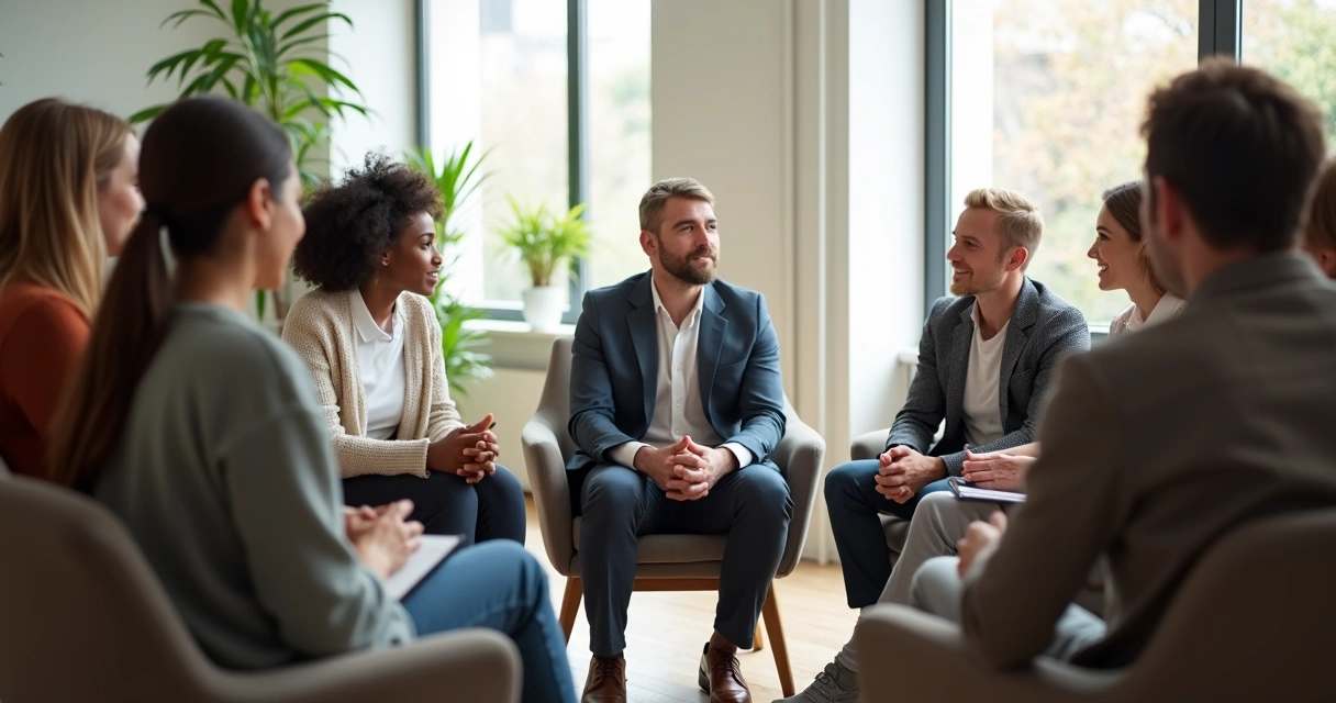Líder escuchando a su equipo en círculo en un entorno luminoso y moderno 