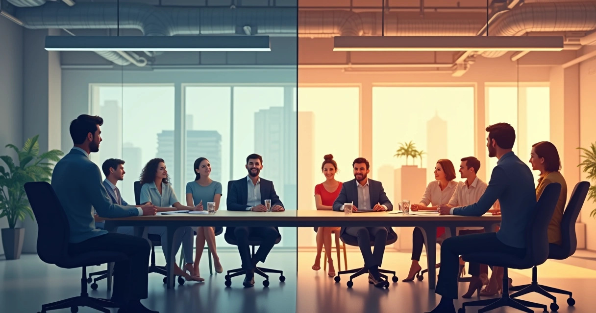 Diferencias visuales entre liderazgo consciente y tradicional, mostrando dos líderes y equipos interactuando