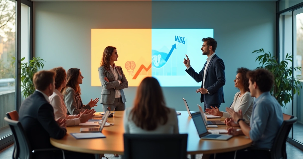 Comparación visual entre liderazgo consciente y liderazgo motivacional en una reunión de equipo 