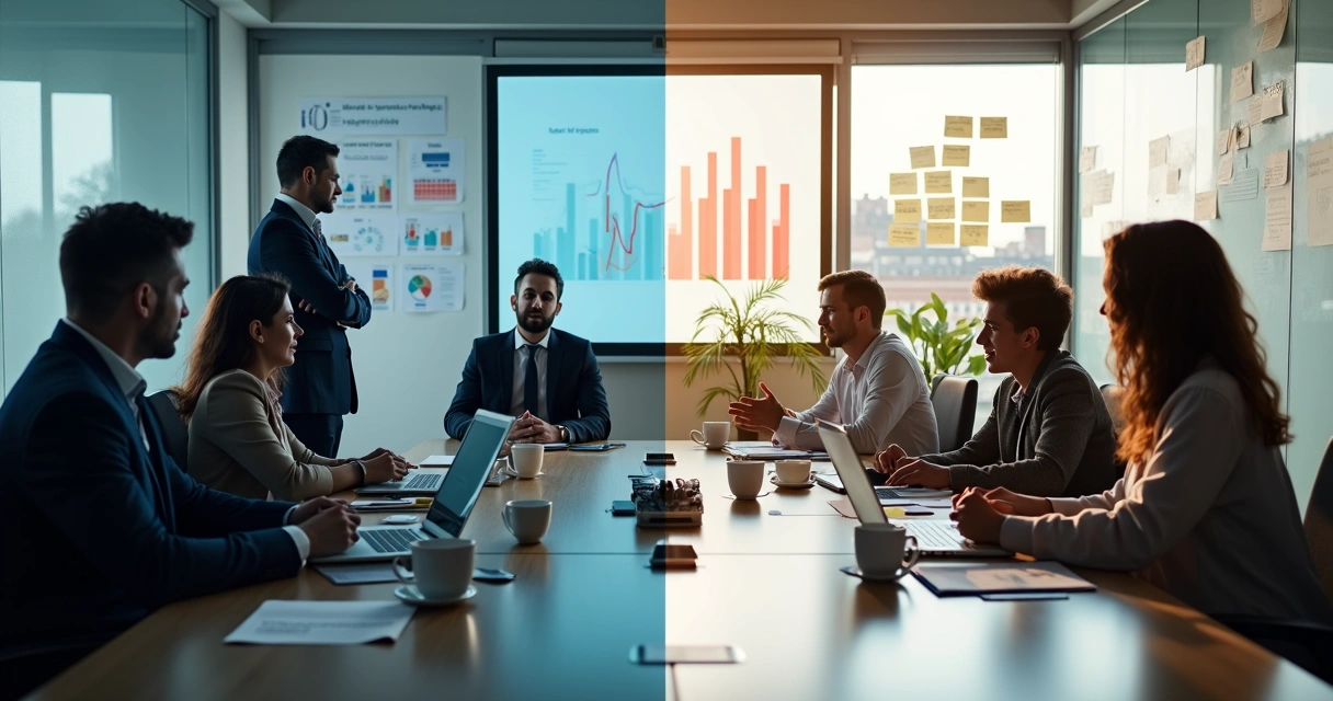 Comparación visual entre liderazgo consciente y liderazgo tradicional en una sala de reuniones moderna 