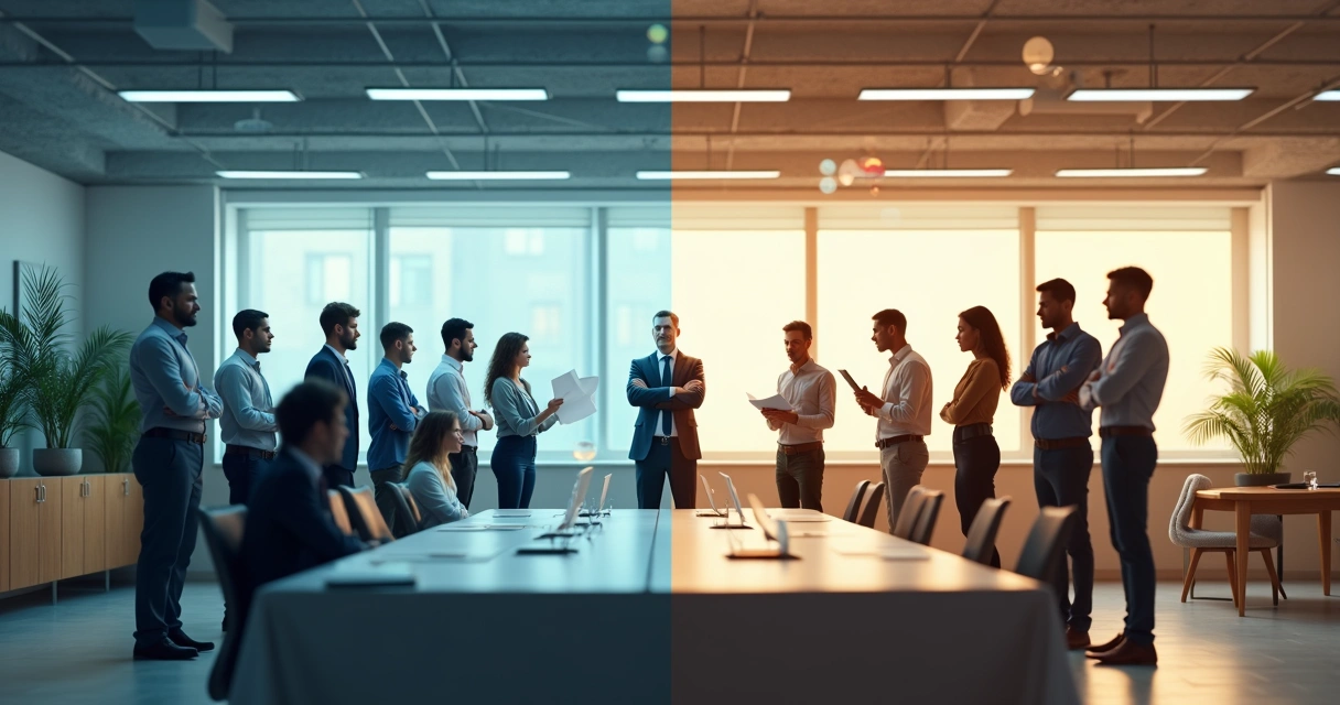 Comparación visual entre liderazgo consciente y liderazgo tradicional en una oficina moderna 