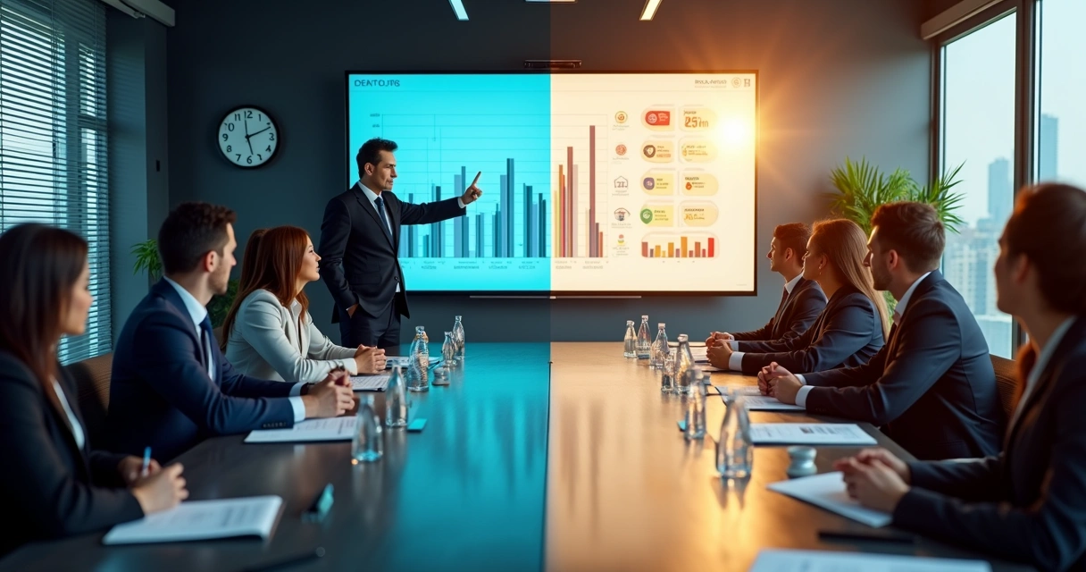 Comparación visual entre liderazgo consciente y liderazgo tradicional en una sala de reuniones moderna 