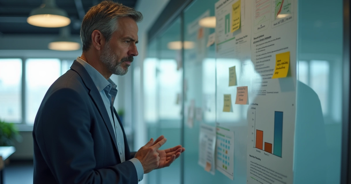 Líder pensativo frente a pizarra de decisiones en oficina moderna 