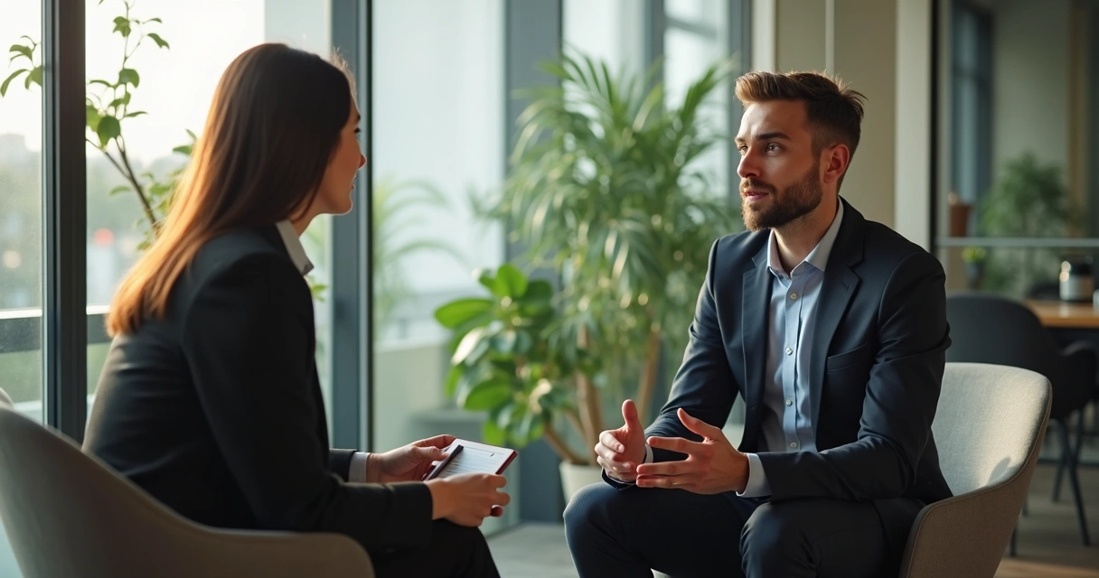 Liderazgo en conversación privada con colaborador en oficina