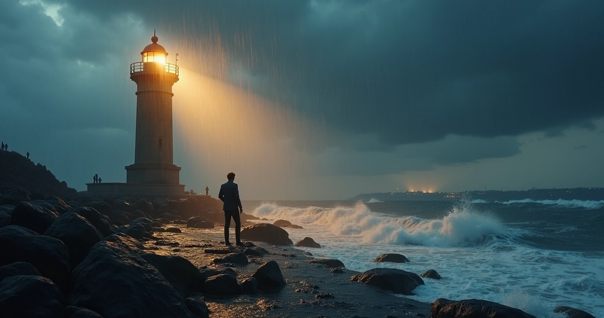 Líder de pie junto a un faro guiando a un equipo en medio de una tormenta 