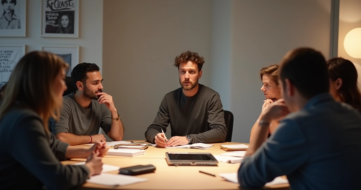 Líder de grupo guiando una dinámica de reflexión con un equipo reunido