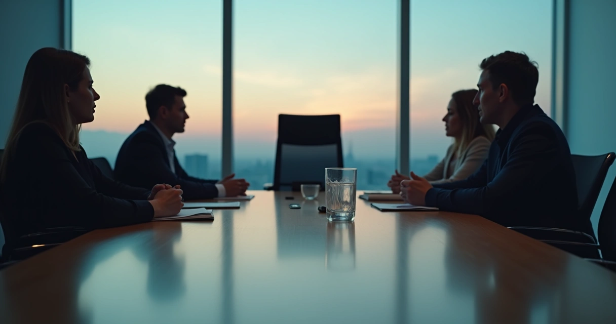 Silla de líder vacía en sala de reuniones con grupo tenso al fondo 