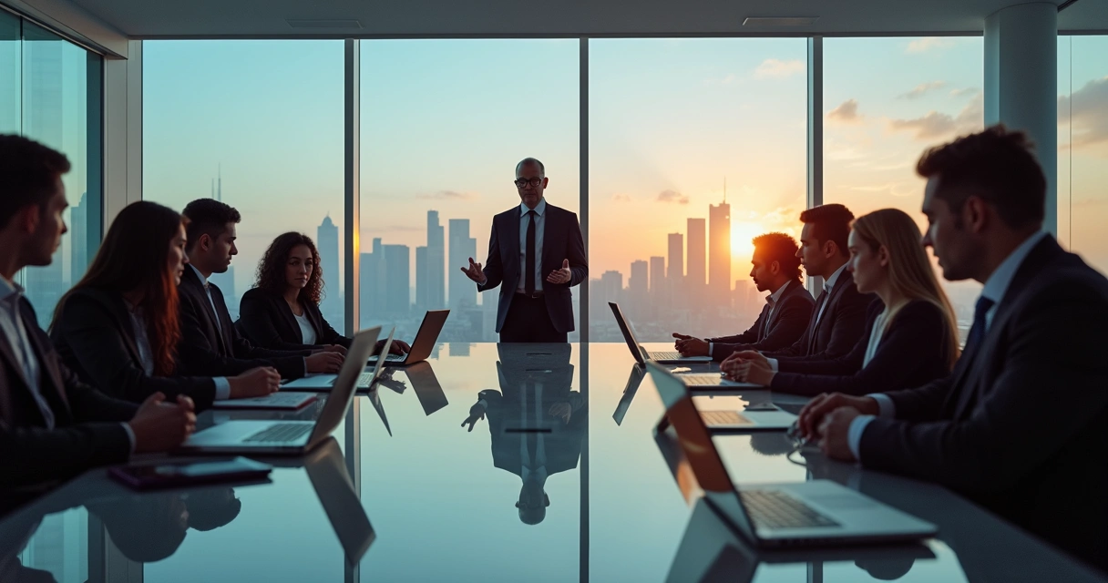 Líder frente a su equipo en reunión tensa con pérdida de confianza 