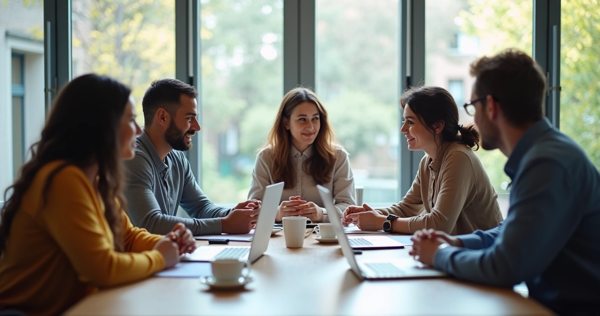 Grupo de personas conversando en oficina moderna 