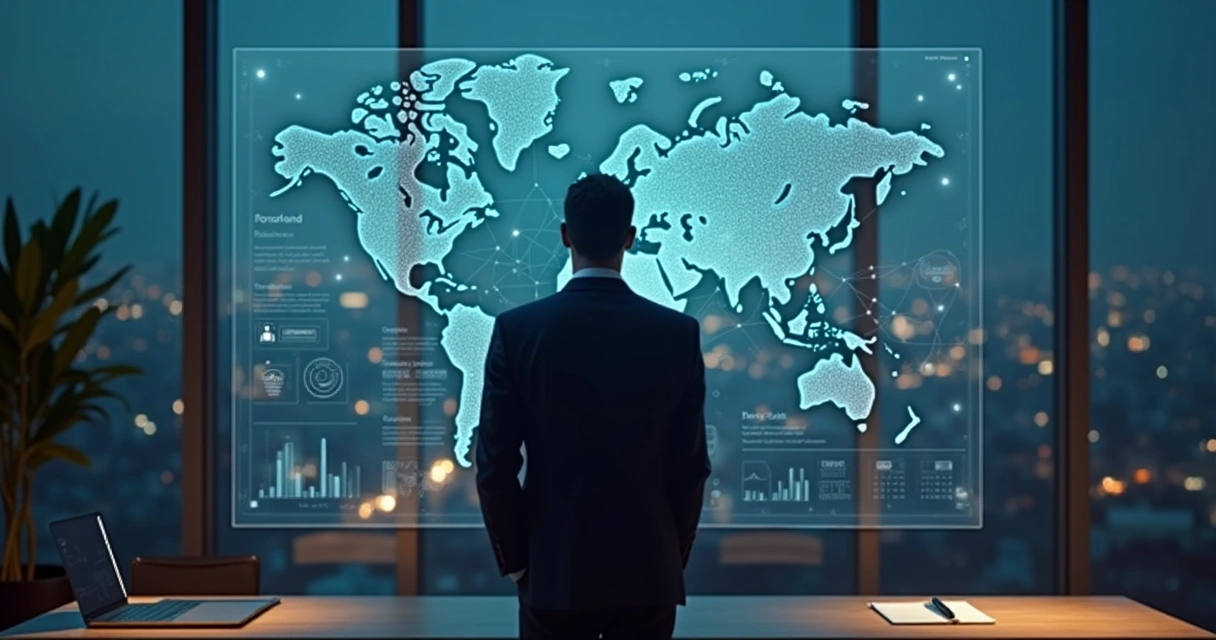 Líder observando panel digital con redes conectadas y siluetas humanas 