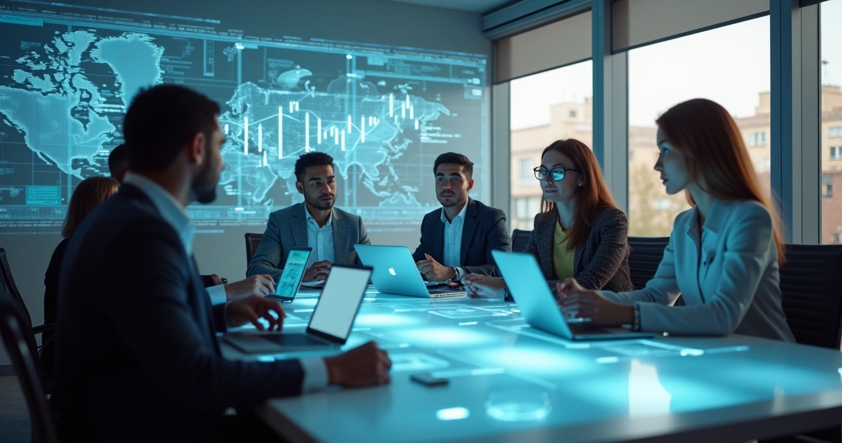 Equipo trabajando conexiones digitales alrededor de una mesa