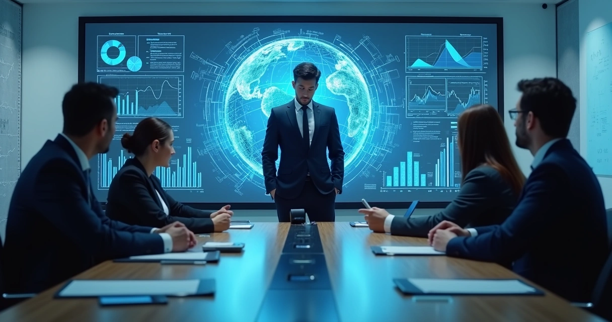 Líder ejecutivo tomando decisiones con gráficos en pantalla 