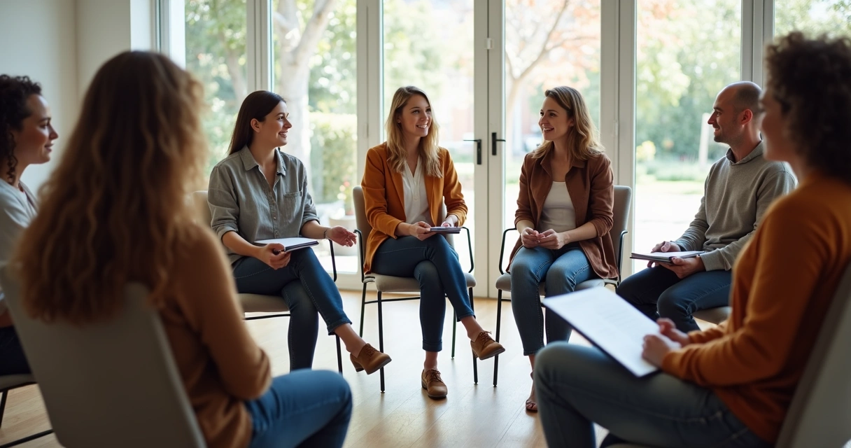 Grupo de personas de diferentes edades reunidas en círculo, reflejando autogestión y liderazgo emocional mediante el diálogo.
