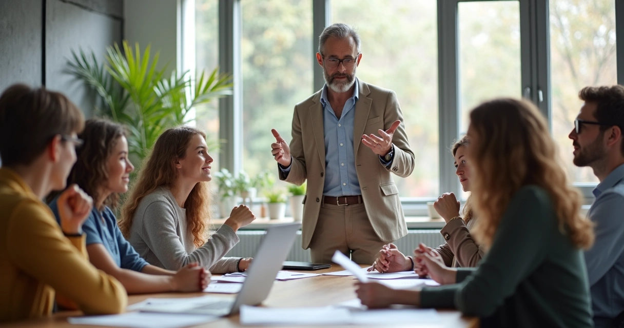 Grupo en reunión de trabajo expresando emociones de forma honesta 