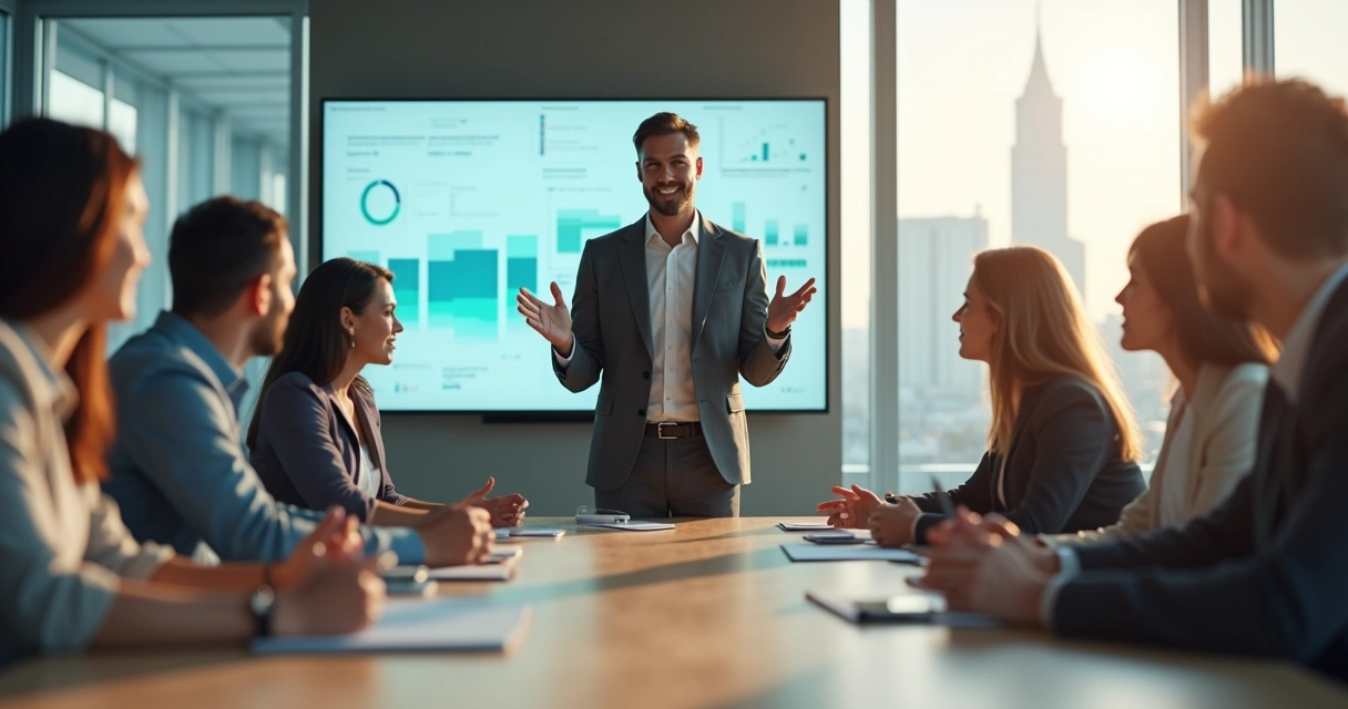 Líder empresarial guiando a su equipo en una reunión con enfoque emocional y humano 