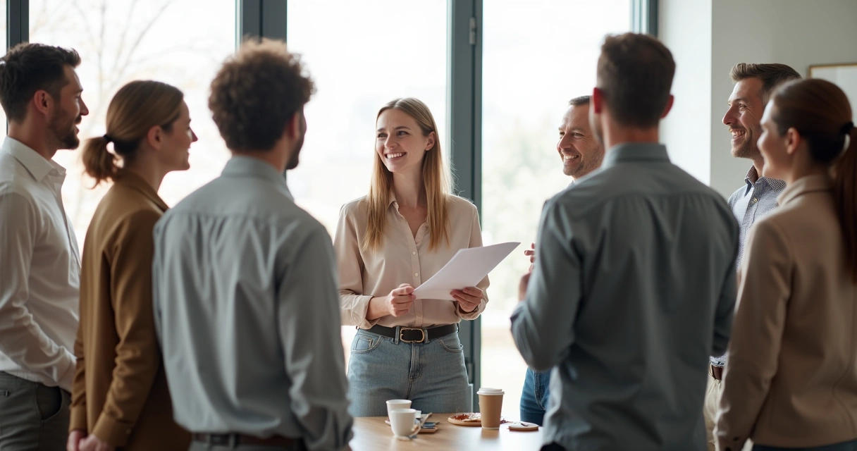 Líder de equipo hablando con personas en círculo 