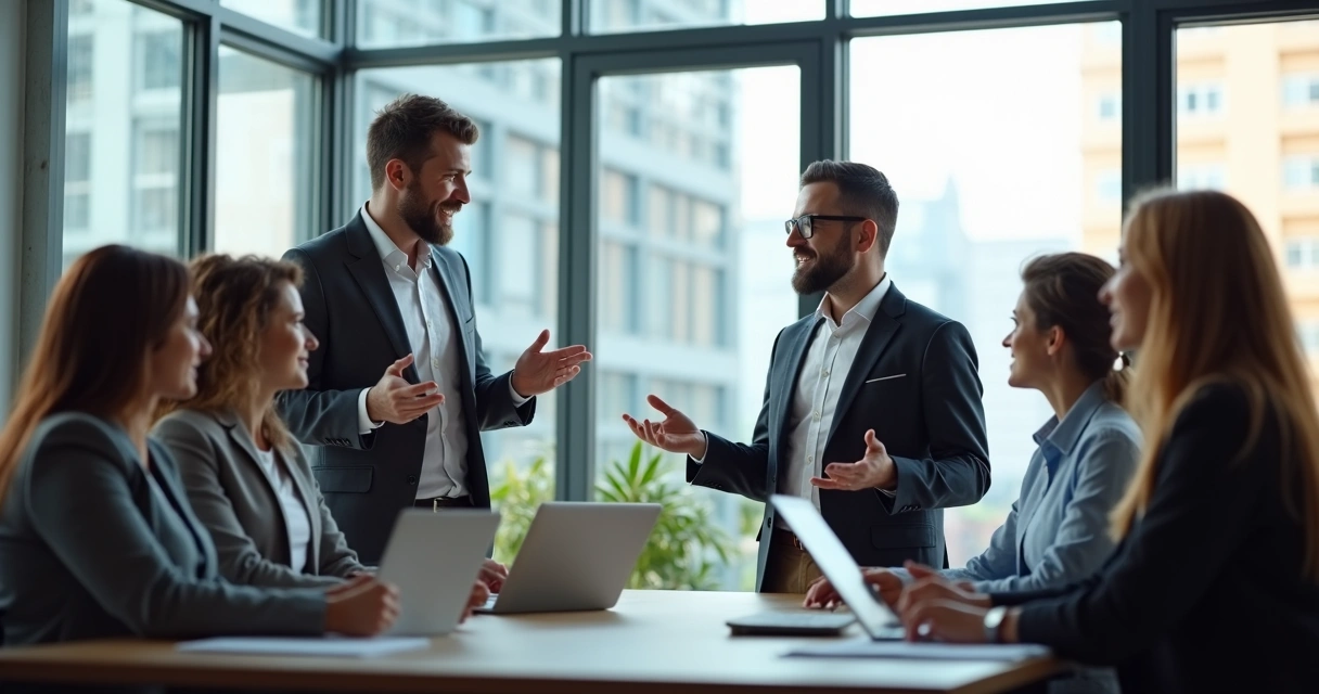 Líder hablando con un grupo de trabajo en un entorno moderno 