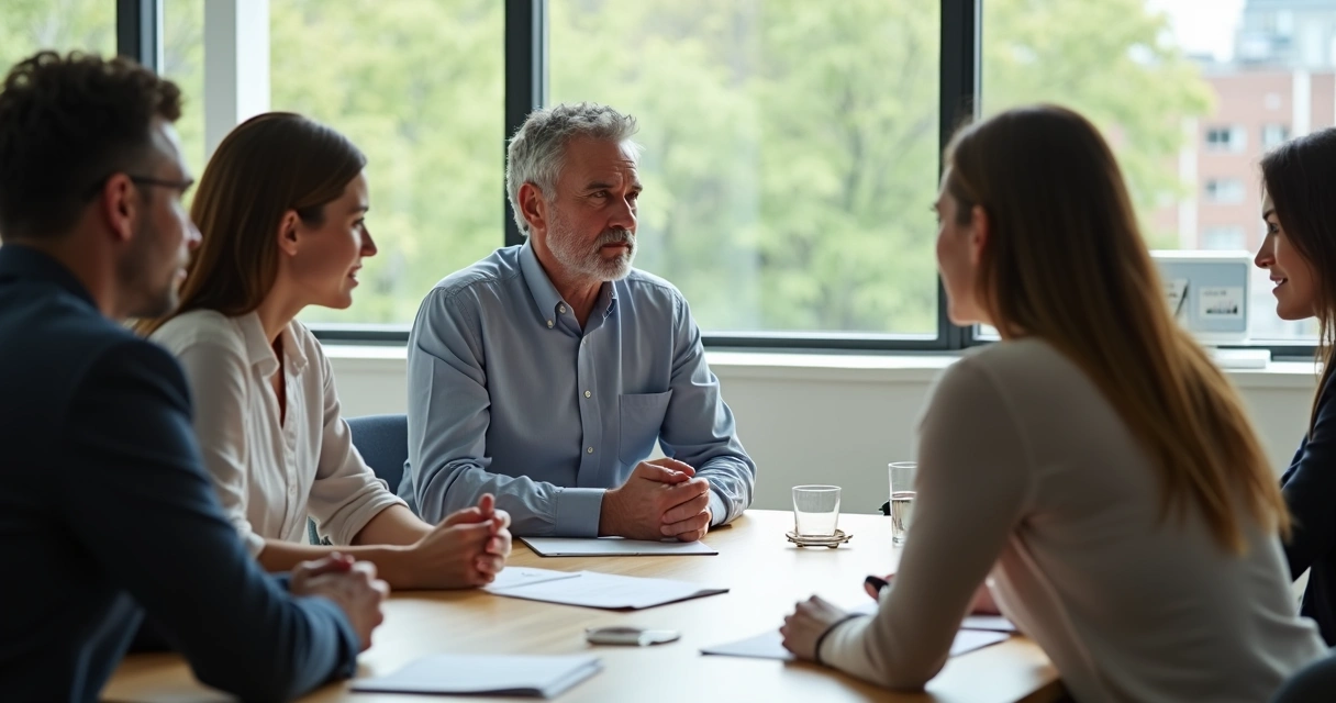 Líder de equipo expresando empatía en una reunión 