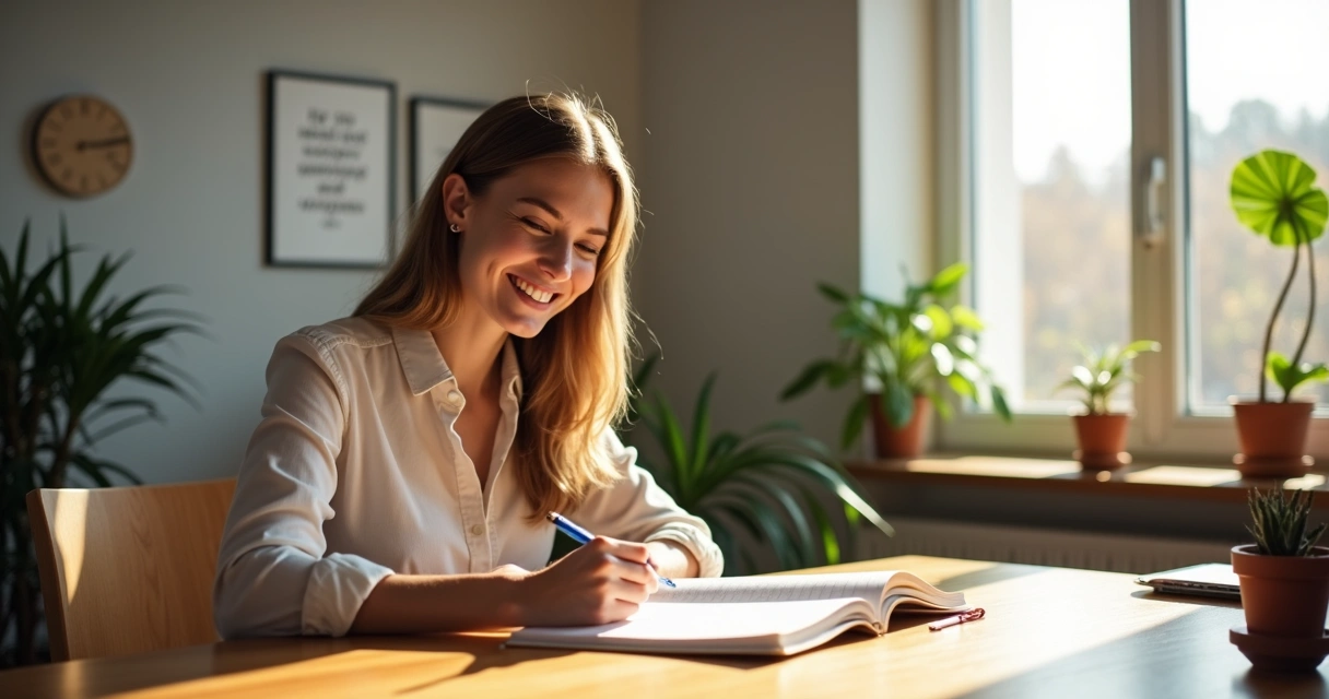 Persona joven escribiendo en un cuaderno y sonriendo mientras trabaja.