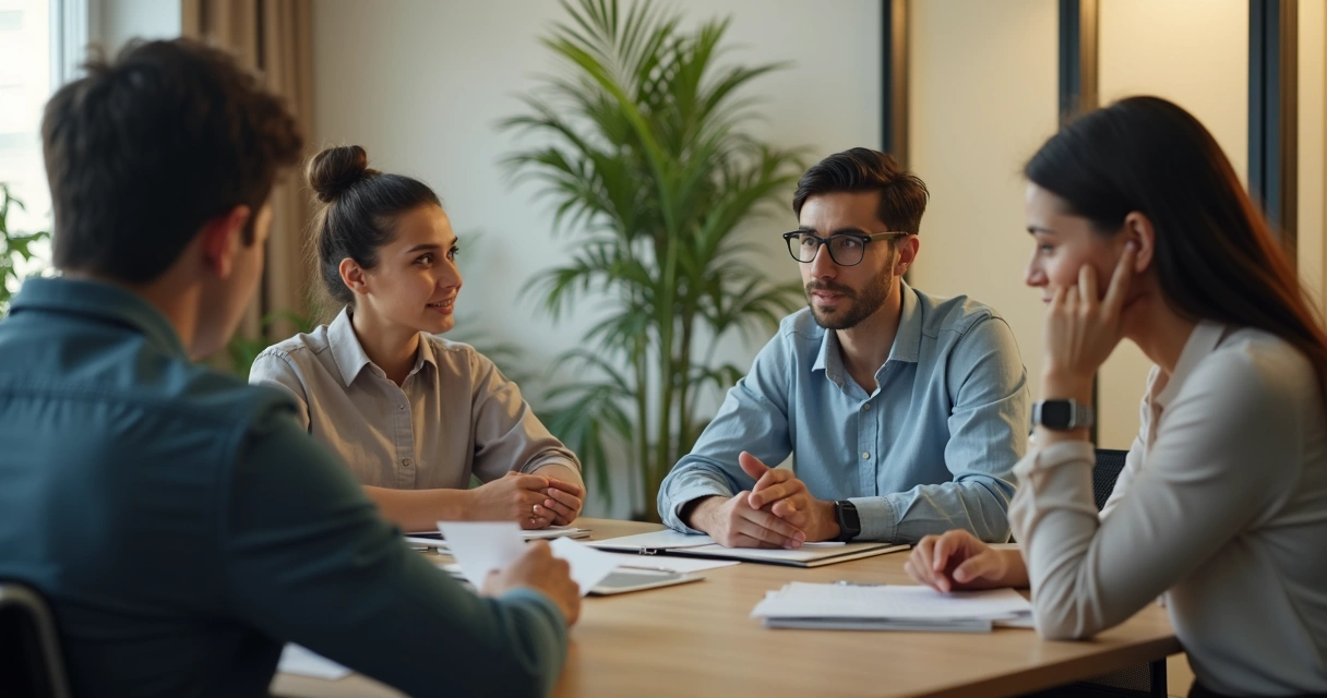 Reunión laboral donde un líder escucha a sus colaboradores en una mesa redonda 