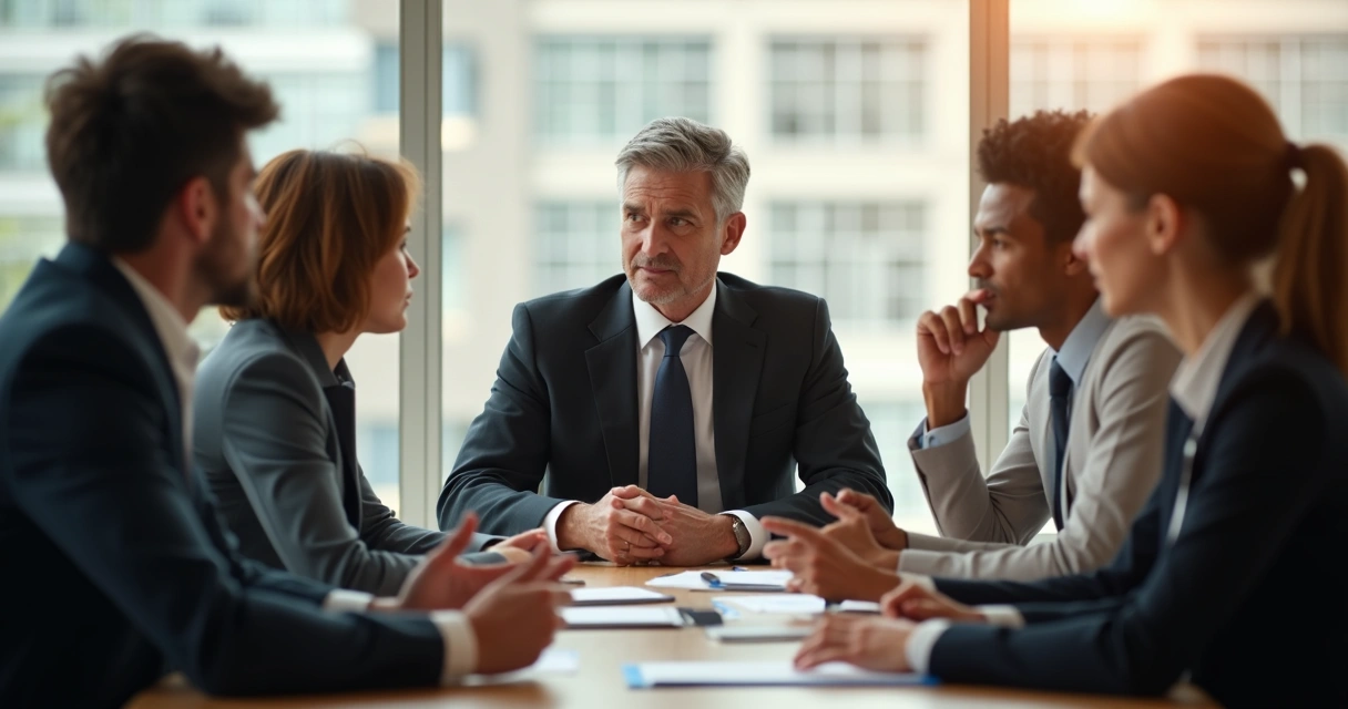 Líder escuchando atentamente a miembros del equipo en reunión de trabajo 