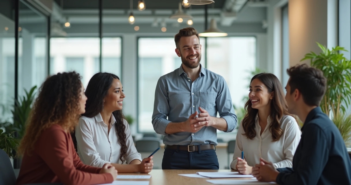 Líder empresarial consciente guiando al equipo en oficina 