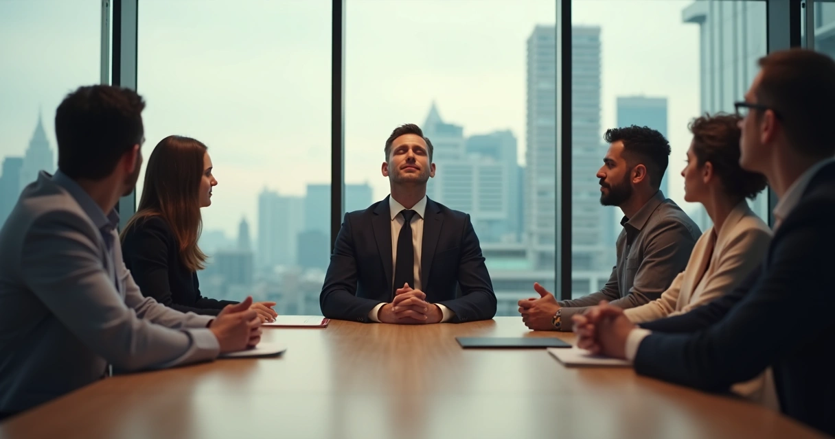 Líder empresarial en oficina cerrando los ojos y respirando profundo. 