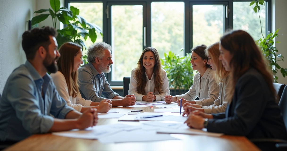 Grupo de líderes diversos colaborando en una sala luminosa con pizarras y papeles. 