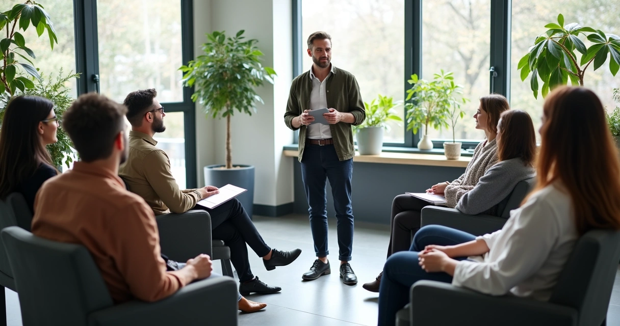 Grupo de personas sentadas en círculo en una reunión, con líder hablando al centro 