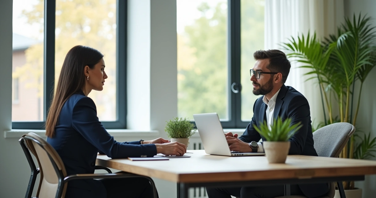 Líder empresarial escucha a colaborador en entorno de trabajo moderno 