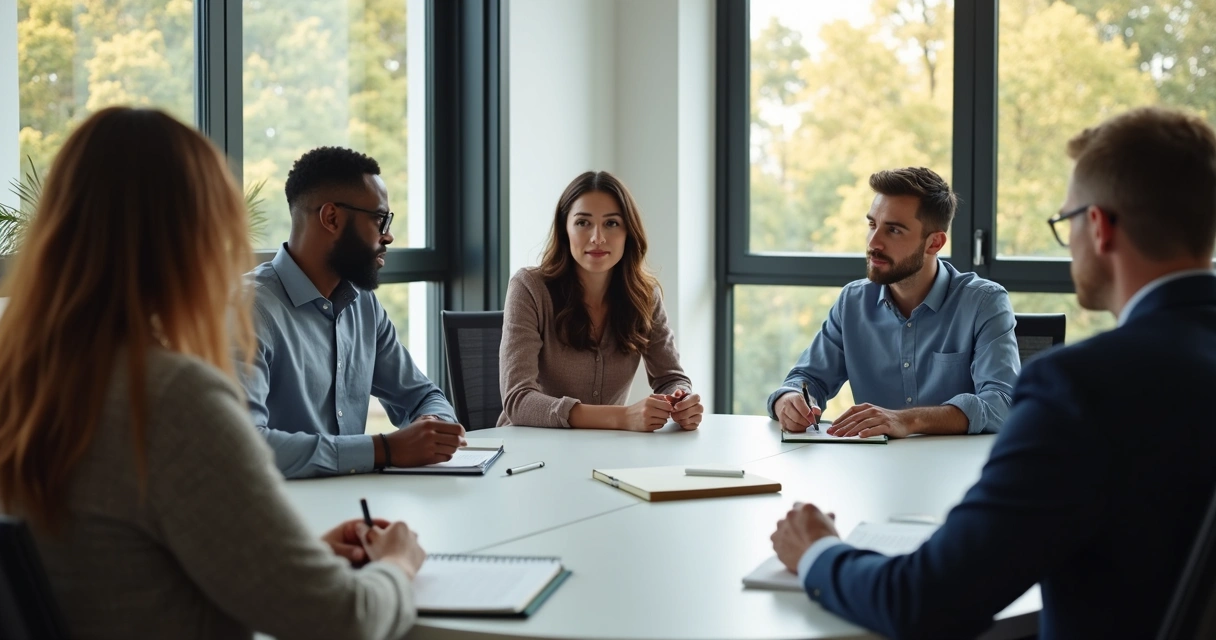 Liderazgo escuchando a un equipo en una mesa de trabajo 