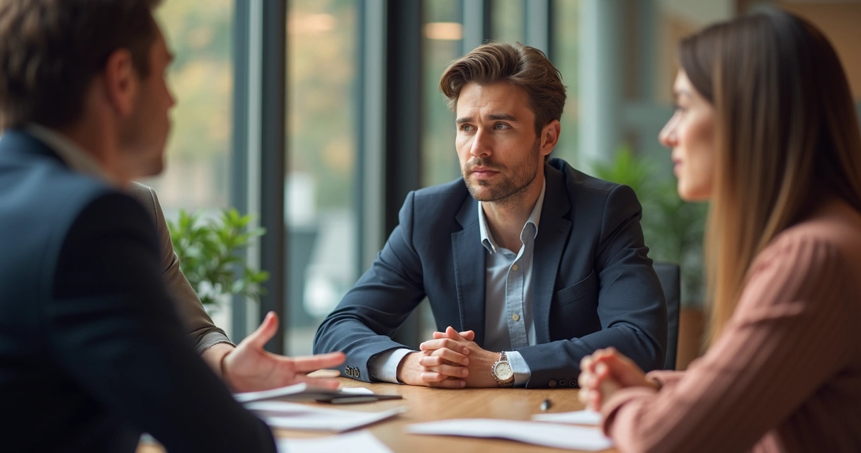 Grupo de trabajo en sesión, líder escucha con atención y empatía