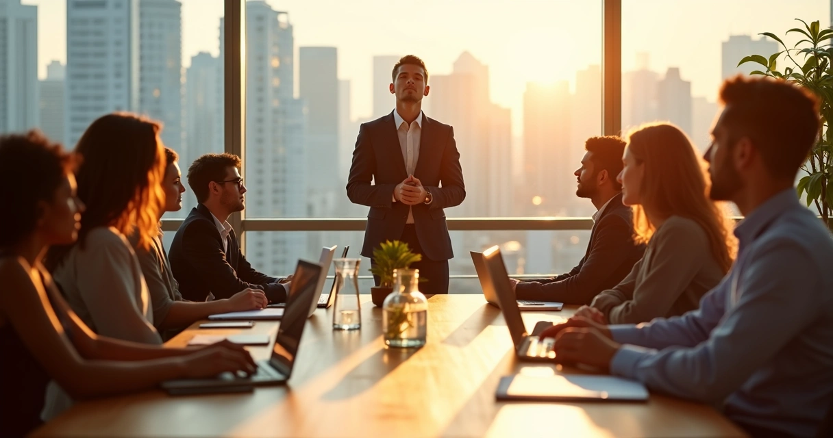 Líder en oficina guiando a equipo con enfoque espiritual y sereno 