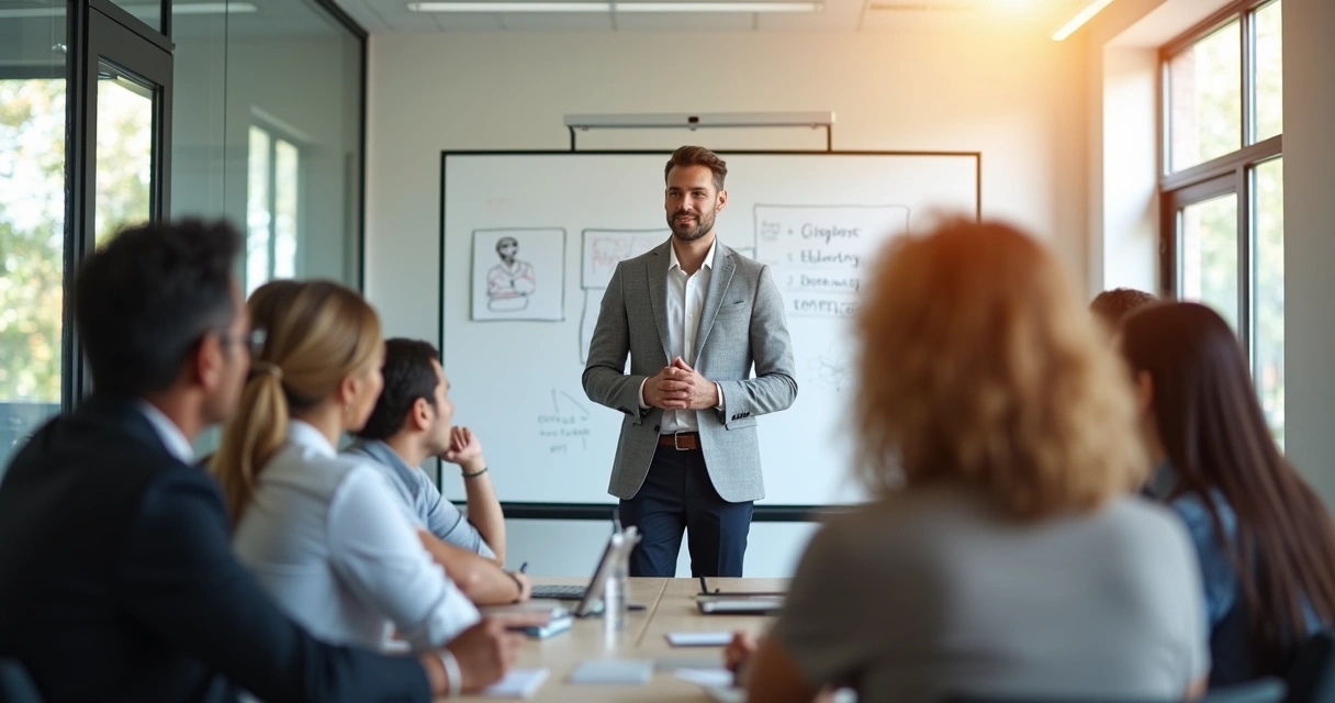 Líder guiando una reunión con enfoque consciente 